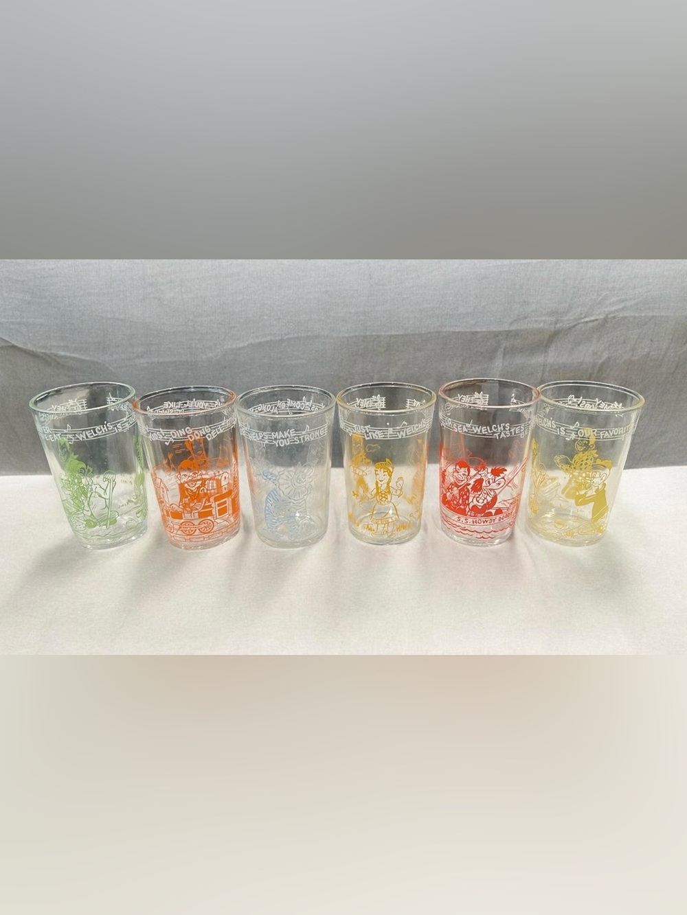 (6) 1953 Vintage Howdy Doody Glass Hey Kids, Welch's Jelly Drinking Glass.